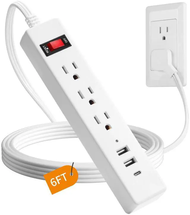 Main image of 6 FT Flat Plug Extension Cord, Power Surge Protector Strip, with 3 AC Outlets and 3 USB Ports(1USB-C), for Behind Bed, Home, Office, Dorm, White