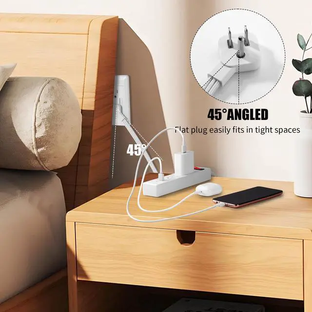 Alt view image 4 of 7 - 6 FT Flat Plug Extension Cord, Power Surge Protector Strip, with 3 AC Outlets and 3 USB Ports(1USB-C), for Behind Bed, Home, Office, Dorm, White