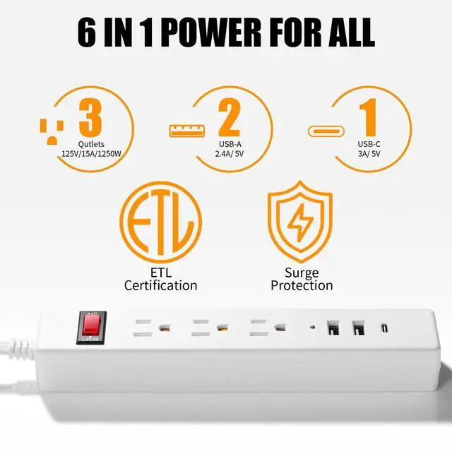 Alt view image 7 of 7 - 6 FT Flat Plug Extension Cord, Power Surge Protector Strip, with 3 AC Outlets and 3 USB Ports(1USB-C), for Behind Bed, Home, Office, Dorm, White