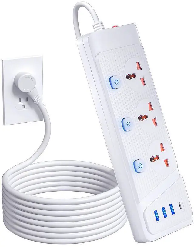 Main image of Power Strip with 45 Degree Plug and 10ft Long Cord, 3 Universal Socket, 2500W Circuit Breaker, 4 USB Ports Desktop Charging Station(3 USB-A & 1 USB-C)