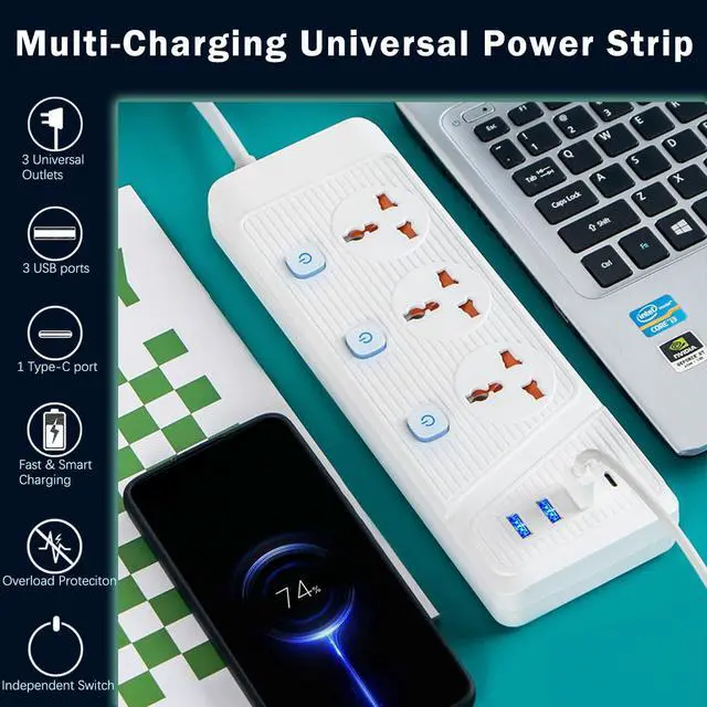 Alt view image 2 of 7 - Power Strip with 45 Degree Plug and 10ft Long Cord, 3 Universal Socket, 2500W Circuit Breaker, 4 USB Ports Desktop Charging Station(3 USB-A & 1 USB-C)