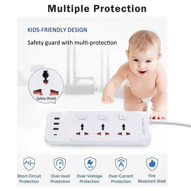 Alt view image 4 of 7 - Power Strip with 45 Degree Plug and 10ft Long Cord, 3 Universal Socket, 2500W Circuit Breaker, 4 USB Ports Desktop Charging Station(3 USB-A & 1 USB-C)