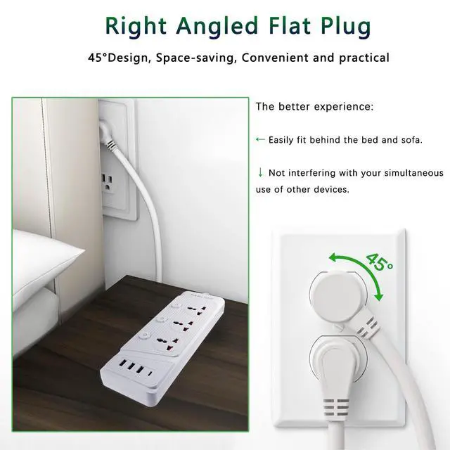 Alt view image 3 of 7 - Power Strip with 45 Degree Plug and 10ft Long Cord, 3 Universal Socket, 2500W Circuit Breaker, 4 USB Ports Desktop Charging Station(3 USB-A & 1 USB-C)