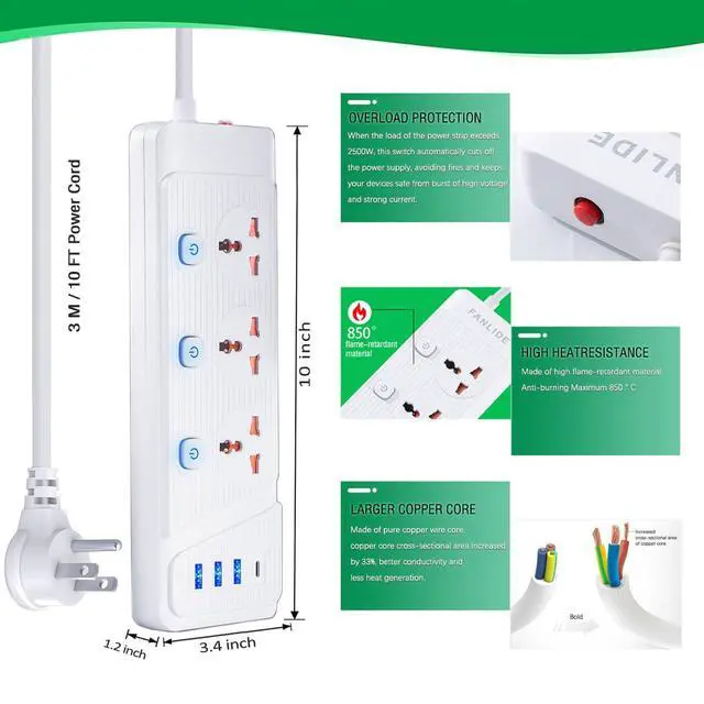 Alt view image 5 of 7 - Power Strip with 45 Degree Plug and 10ft Long Cord, 3 Universal Socket, 2500W Circuit Breaker, 4 USB Ports Desktop Charging Station(3 USB-A & 1 USB-C)