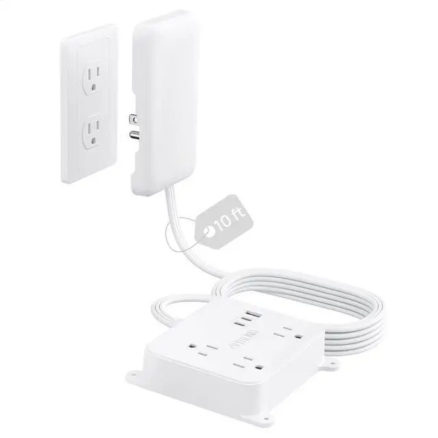 Main image of Flat Power Strip with Outlet Concealer, 10FT Extension Cord with 3 Widely Spaced AC Outlets, 3 USB Charger(2 USB C Ports), Wall Mount Power Strip, Compact for Nightstand Couches Home Essentials