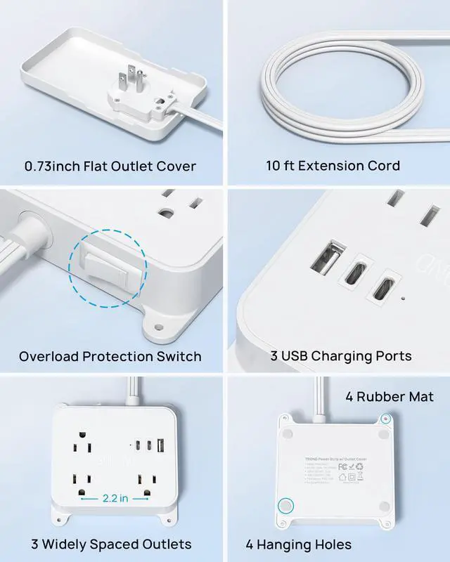 Alt view image 7 of 7 - Flat Power Strip with Outlet Concealer, 10FT Extension Cord with 3 Widely Spaced AC Outlets, 3 USB Charger(2 USB C Ports), Wall Mount Power Strip, Compact for Nightstand Couches Home Essentials