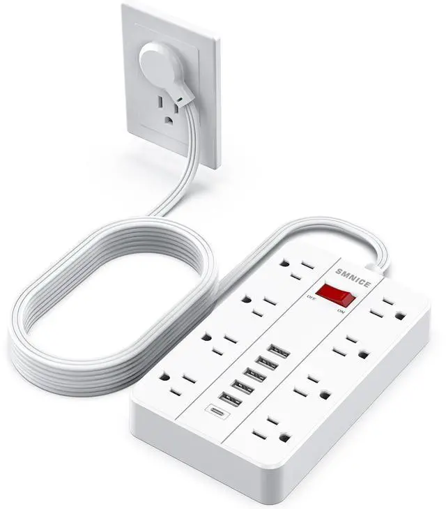 Main image of Power Strip Surge Protector, Flat Plug Long Extension Cord 10 Ft with 8 Widely Spaced Outlets 6USB(1 USB C) Charging Station, Wall Mount for Dorm Home, Office Accessories,White