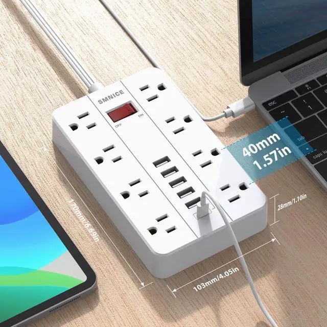 Alt view image 4 of 7 - Power Strip Surge Protector, Flat Plug Long Extension Cord 10 Ft with 8 Widely Spaced Outlets 6USB(1 USB C) Charging Station, Wall Mount for Dorm Home, Office Accessories,White