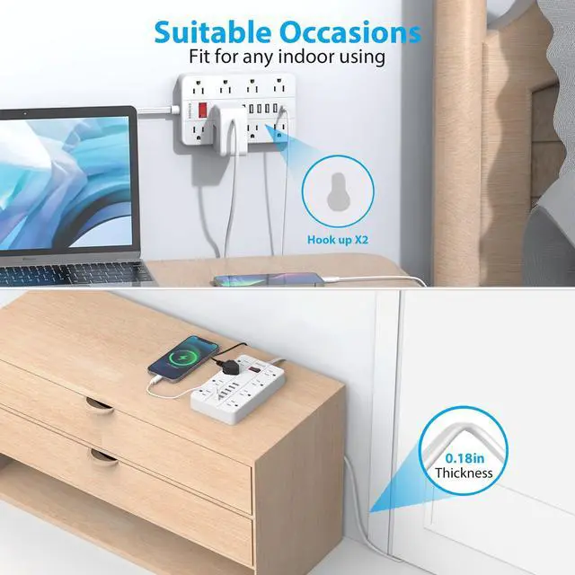 Alt view image 6 of 7 - Power Strip Surge Protector, Flat Plug Long Extension Cord 10 Ft with 8 Widely Spaced Outlets 6USB(1 USB C) Charging Station, Wall Mount for Dorm Home, Office Accessories,White