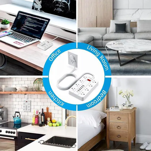 Alt view image 7 of 7 - Power Strip Surge Protector, Flat Plug Long Extension Cord 10 Ft with 8 Widely Spaced Outlets 6USB(1 USB C) Charging Station, Wall Mount for Dorm Home, Office Accessories,White