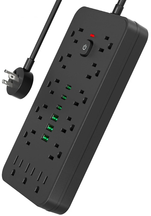 Main image of Surge Protector Power Strip 10 FT Flat Plug, 1875W/10A, 13 Multiple AC Outlets with 3 USB-A 3 USB C, One Touch Switch Button,Perfect for Home, Office, or Travel Use. Black
