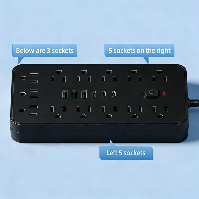 Alt view image 2 of 7 - Surge Protector Power Strip 10 FT Flat Plug, 1875W/10A, 13 Multiple AC Outlets with 3 USB-A 3 USB C, One Touch Switch Button,Perfect for Home, Office, or Travel Use. Black