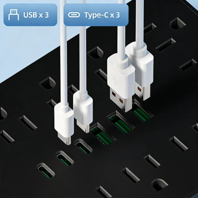 Alt view image 4 of 7 - Surge Protector Power Strip 10 FT Flat Plug, 1875W/10A, 13 Multiple AC Outlets with 3 USB-A 3 USB C, One Touch Switch Button,Perfect for Home, Office, or Travel Use. Black