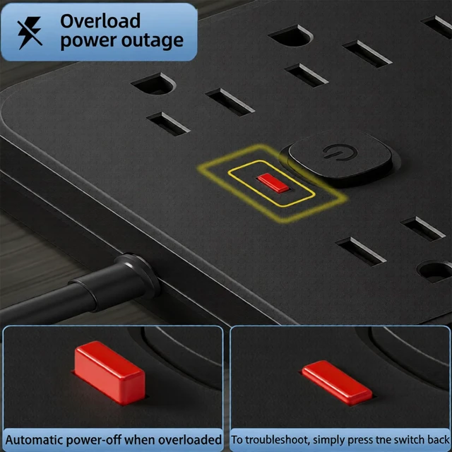 Alt view image 3 of 7 - Surge Protector Power Strip 10 FT Flat Plug, 1875W/10A, 13 Multiple AC Outlets with 3 USB-A 3 USB C, One Touch Switch Button,Perfect for Home, Office, or Travel Use. Black
