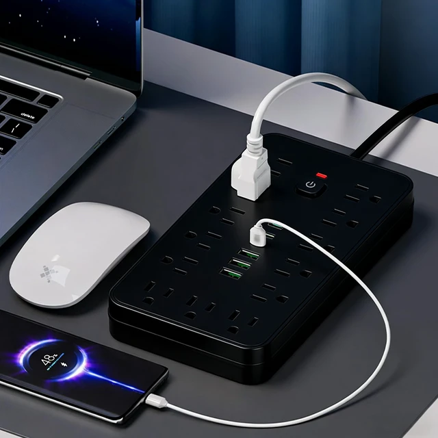 Alt view image 6 of 7 - Surge Protector Power Strip 10 FT Flat Plug, 1875W/10A, 13 Multiple AC Outlets with 3 USB-A 3 USB C, One Touch Switch Button,Perfect for Home, Office, or Travel Use. Black