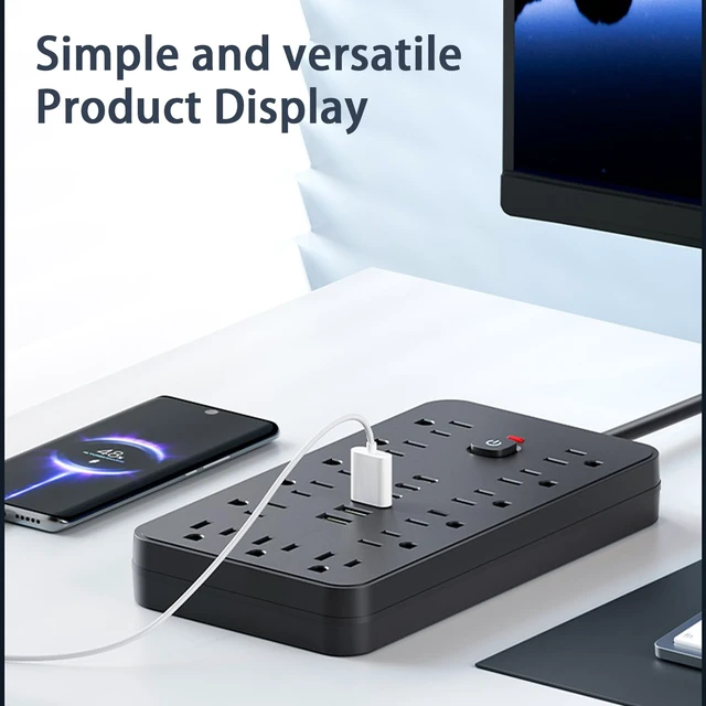 Alt view image 7 of 7 - Surge Protector Power Strip 10 FT Flat Plug, 1875W/10A, 13 Multiple AC Outlets with 3 USB-A 3 USB C, One Touch Switch Button,Perfect for Home, Office, or Travel Use. Black