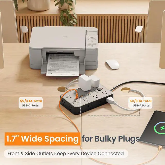Alt view image 3 of 5 - Surge Protector Power Strip, 10Ft Flat Extension Cord with 16 Widely Spaced Outlets & 6 USB Ports (3 USB C), 1875W/15A, 2400J, Long Cord Power Strip, Flat Plug for Bedroom Office Dorm Room