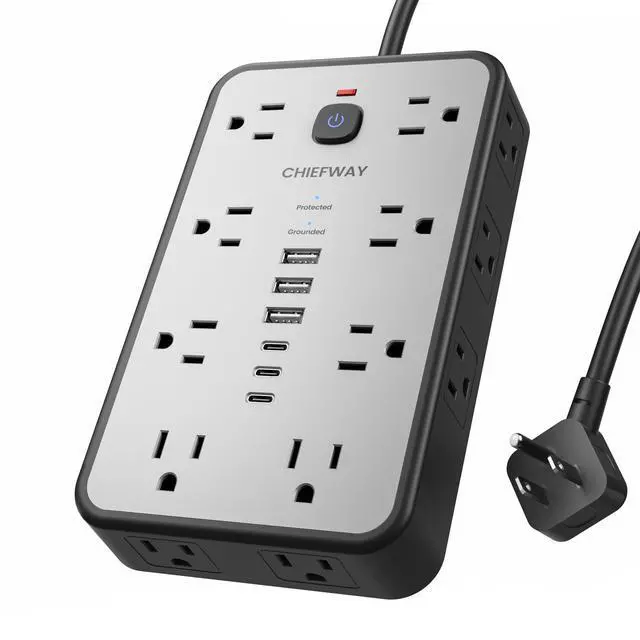 Main image of Surge Protector Power Strip, 10Ft Flat Extension Cord with 16 Widely Spaced Outlets & 6 USB Ports (3 USB C), 1875W/15A, 2400J, Long Cord Power Strip, Flat Plug for Bedroom Office Dorm Room