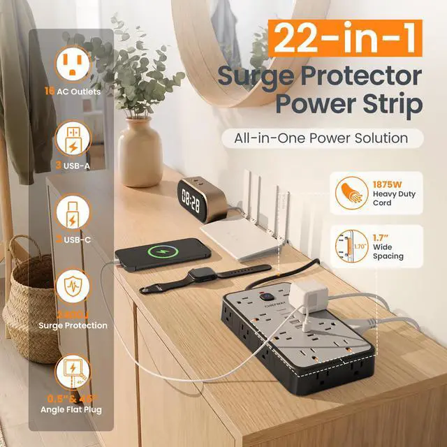 Alt view image 2 of 5 - Surge Protector Power Strip, 10Ft Flat Extension Cord with 16 Widely Spaced Outlets & 6 USB Ports (3 USB C), 1875W/15A, 2400J, Long Cord Power Strip, Flat Plug for Bedroom Office Dorm Room
