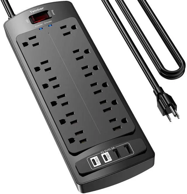 Main image of 10 Ft Extension Cord Power Strip, Surge Protector with 12 AC Outlets and 4 USB Ports for Home, Office, Dorm Essentials, 1875W/15A, 2700 Joules, ETL Listed, Black