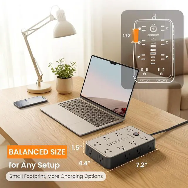 Alt view image 5 of 5 - Surge Protector Power Strip, 10Ft Flat Extension Cord with 16 Widely Spaced Outlets & 6 USB Ports (3 USB C), 1875W/15A, 2400J, Long Cord Power Strip, Flat Plug for Bedroom Office Dorm Room
