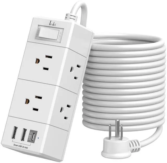 Main image of 15Ft Extension Cord Flat Plug Power Strip - Tcstei 3-Side Outlet Extender with 6 AC Outlets and 3 USB Ports (1 USB C), Compact for Home, Office, Dorm Room Essentials, White