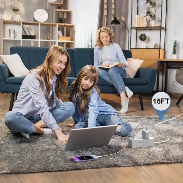 Alt view image 4 of 7 - 15Ft Extension Cord Flat Plug Power Strip - Tcstei 3-Side Outlet Extender with 6 AC Outlets and 3 USB Ports (1 USB C), Compact for Home, Office, Dorm Room Essentials, White