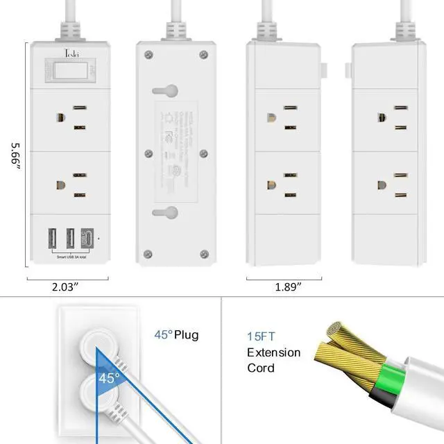 Alt view image 7 of 7 - 15Ft Extension Cord Flat Plug Power Strip - Tcstei 3-Side Outlet Extender with 6 AC Outlets and 3 USB Ports (1 USB C), Compact for Home, Office, Dorm Room Essentials, White