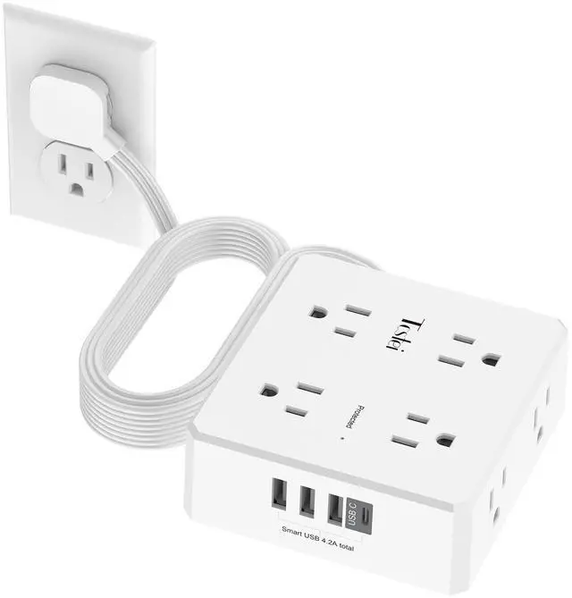 Main image of 15 Ft Flat Extension Cord, Ultra-Thin Flat Plug Surge Protector Power Strip, 3-Sided Outlet Extender, 8 AC Outlets and 4 USB Ports(1 USB C) for Home, Office, Dorm Room Essentials, White