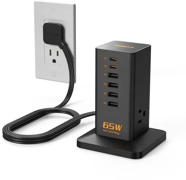 Main image of Charging Station for Multiple Devices, TESSAN 9-in-1 USB C Power Strip for iPhone 17/16/15, MacBook, Tablet, Desktop Phone Fast Charger with 3 AC, USB Charger, Home Drom Office Accessories, Black-65W