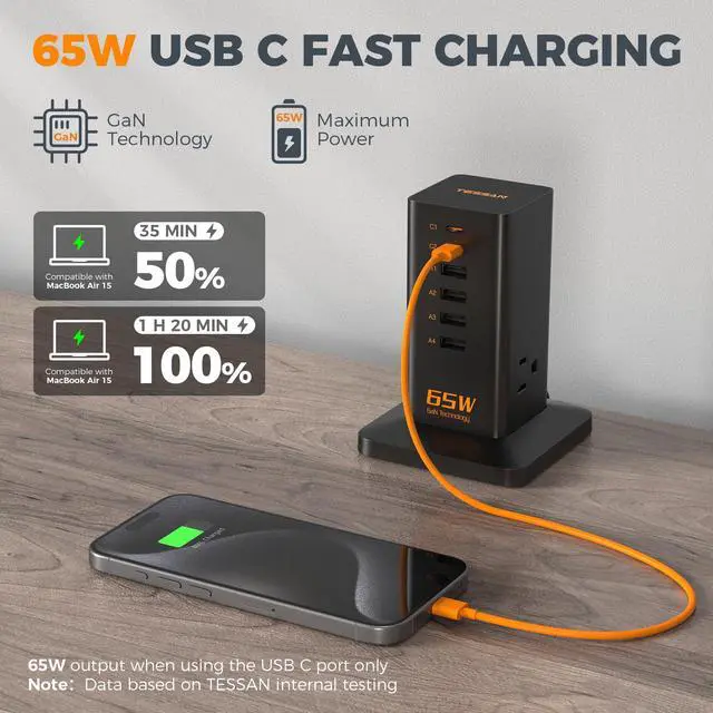 Alt view image 3 of 7 - Charging Station for Multiple Devices, TESSAN 9-in-1 USB C Power Strip for iPhone 17/16/15, MacBook, Tablet, Desktop Phone Fast Charger with 3 AC, USB Charger, Home Drom Office Accessories, Black-65W
