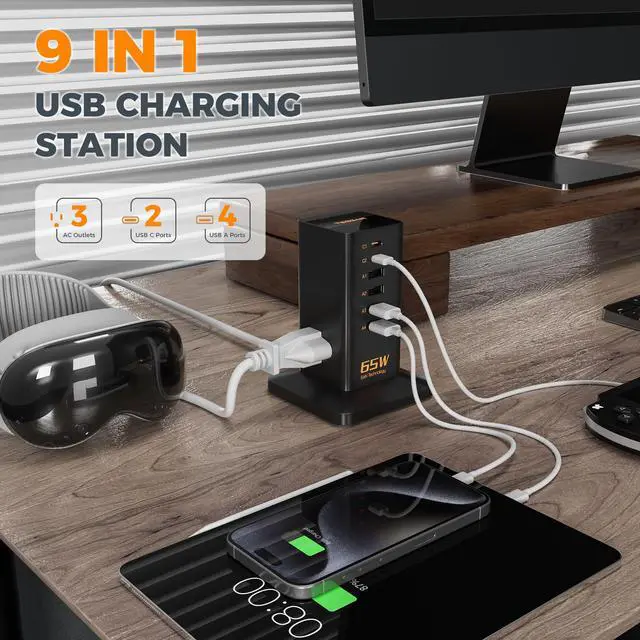 Alt view image 4 of 7 - Charging Station for Multiple Devices, TESSAN 9-in-1 USB C Power Strip for iPhone 17/16/15, MacBook, Tablet, Desktop Phone Fast Charger with 3 AC, USB Charger, Home Drom Office Accessories, Black-65W