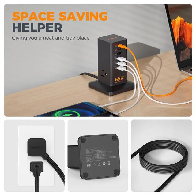 Alt view image 5 of 7 - Charging Station for Multiple Devices, TESSAN 9-in-1 USB C Power Strip for iPhone 17/16/15, MacBook, Tablet, Desktop Phone Fast Charger with 3 AC, USB Charger, Home Drom Office Accessories, Black-65W