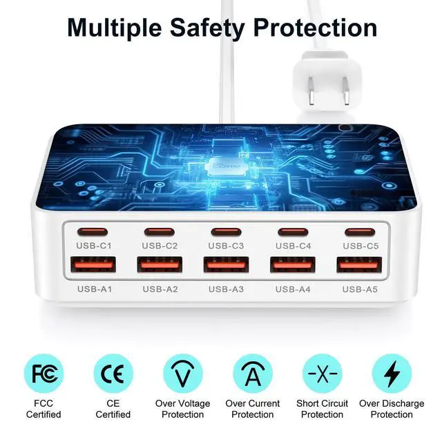 Alt view image 7 of 7 - USB C Fast Charger Block,70W 10 Port Type C Charging Station USB Hub Block Cube,Android Wall Charger Power Strip Adapter Plug for iPhone 17e 16 15 14 13 12 Pro Max Pixel 10a Galaxy S26 iPad,4ft Cord