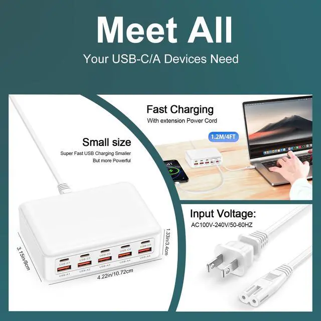 Alt view image 5 of 7 - USB C Fast Charger Block,70W 10 Port Type C Charging Station USB Hub Block Cube,Android Wall Charger Power Strip Adapter Plug for iPhone 17e 16 15 14 13 12 Pro Max Pixel 10a Galaxy S26 iPad,4ft Cord