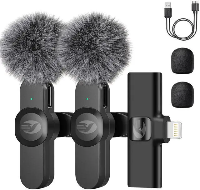 Main image of Wireless Lavalier Microphone for iPhone/iPad with Noise Reduction, Mini Microphones Wireless with Furry Microphone Cover, iPhone Microphone Wireless for Video Recording/YouTube/Vlog (2 Mics)