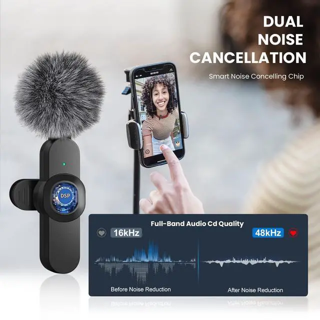 Alt view image 2 of 6 - Wireless Lavalier Microphone for iPhone/iPad with Noise Reduction, Mini Microphones Wireless with Furry Microphone Cover, iPhone Microphone Wireless for Video Recording/YouTube/Vlog (2 Mics)