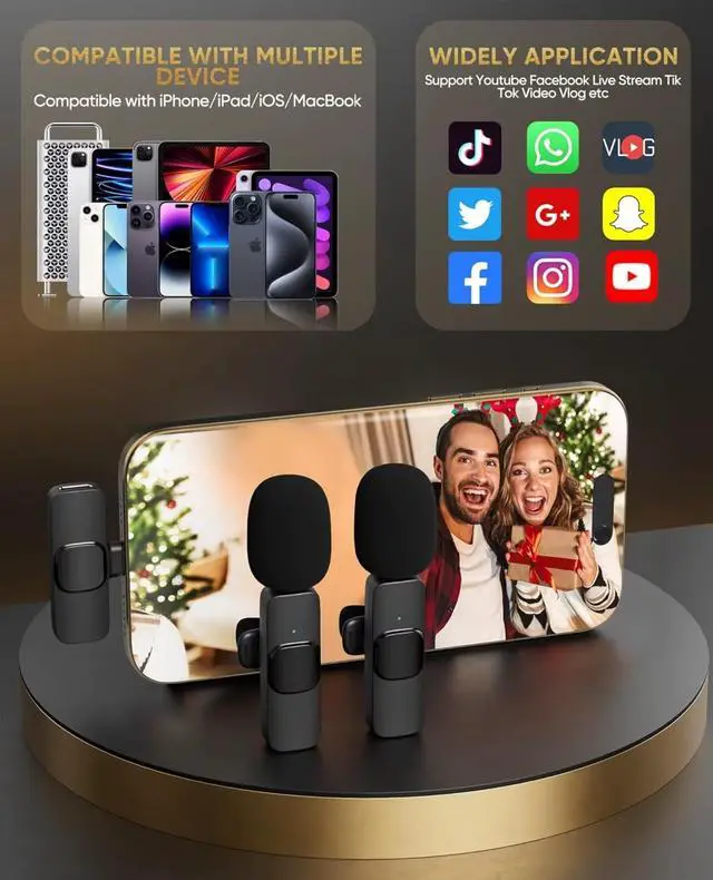 Alt view image 2 of 7 - Wireless Lavalier Mic for iPhone & Android USB-C, Dual Clip-On Lapel Mics with DSP Noise Reduction, Plug & Play, 2 Transmitters + Receiver for TikTok, YouTube, Interviews & Video Recording