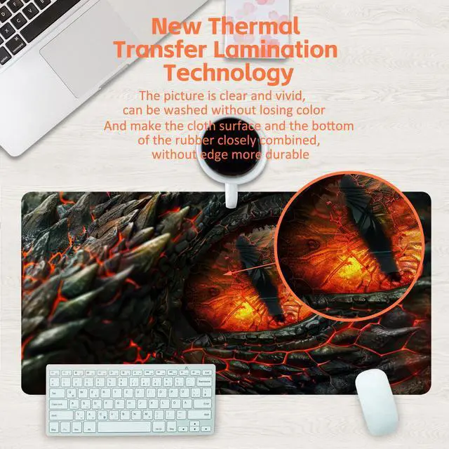 Alt view image 4 of 7 - Desk Pad, Fire Dragon Eyes Gaming Mouse Pad, 31.5"x15.7" Extended Big Computer Keyboard Mouse Mat with Non-Slip Base and Stitched Edge