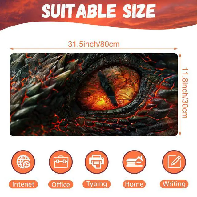 Alt view image 2 of 7 - Desk Pad, Fire Dragon Eyes Gaming Mouse Pad, 31.5"x15.7" Extended Big Computer Keyboard Mouse Mat with Non-Slip Base and Stitched Edge