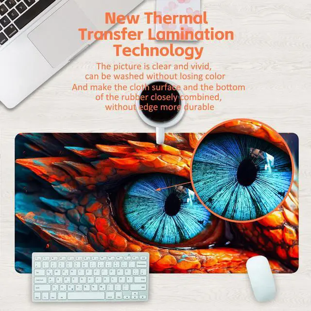 Alt view image 3 of 5 - Large Gaming Mouse Pad for Desk, Dragon Blue Eyes Desk Mat, Dragon Eyes Desk Pad, 31.5"x15.7" Extended Big Computer Keyboard Mouse Pad with Non-Slip Base and Stitched Edge