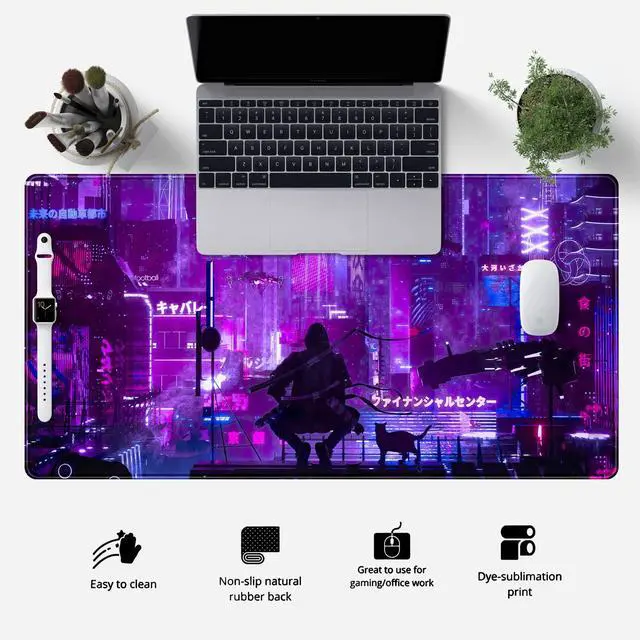Alt view image 2 of 6 - Anime Neon Mouse Pad Purple City Gaming Desk Big Cute Kawaii Pink Extended Mouse Pad Gaming,Office Keyboard Pc Laptop Mousepad Large 31.5x15.7 in-with Stitched Eges Non-Slip Base Mouse Pads Mat