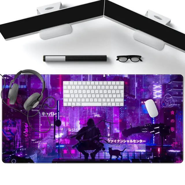 Alt view image 4 of 6 - Anime Neon Mouse Pad Purple City Gaming Desk Big Cute Kawaii Pink Extended Mouse Pad Gaming,Office Keyboard Pc Laptop Mousepad Large 31.5x15.7 in-with Stitched Eges Non-Slip Base Mouse Pads Mat