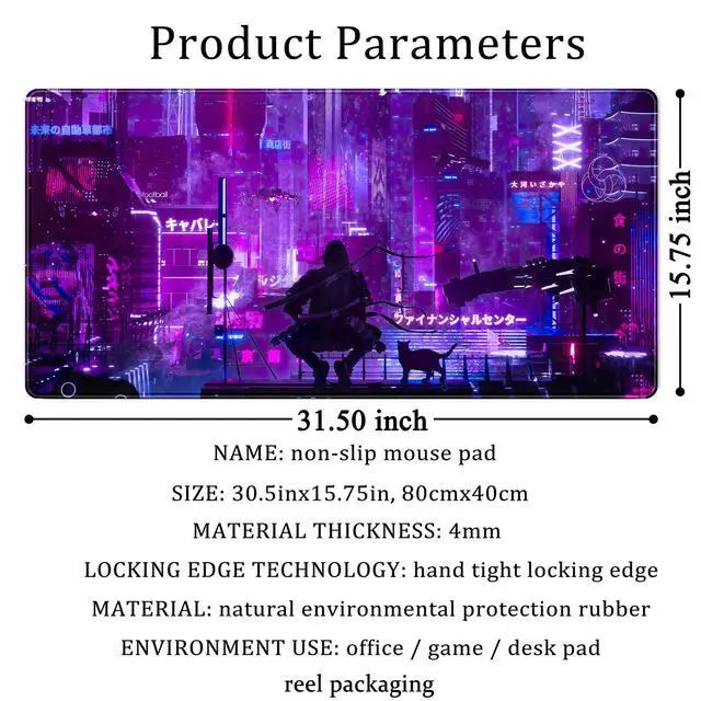 Alt view image 6 of 6 - Anime Neon Mouse Pad Purple City Gaming Desk Big Cute Kawaii Pink Extended Mouse Pad Gaming,Office Keyboard Pc Laptop Mousepad Large 31.5x15.7 in-with Stitched Eges Non-Slip Base Mouse Pads Mat