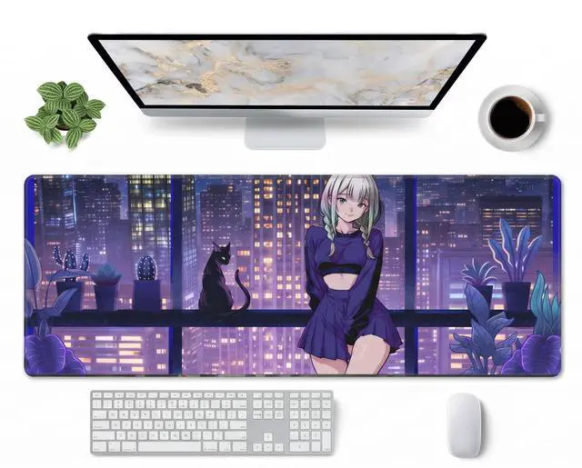 Alt view image 2 of 7 - Large Anime Gaming Mouse Pad with Stitched Edges, Anime Desk Mat, Extended Keyboard Pad, Non-Slip Rubber Base Desk Pad for Keyboard and Mouse, 31.5X11.8 inch, Cute Cat, Kawaii Purple, Night City
