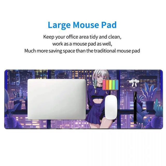 Alt view image 4 of 7 - Large Anime Gaming Mouse Pad with Stitched Edges, Anime Desk Mat, Extended Keyboard Pad, Non-Slip Rubber Base Desk Pad for Keyboard and Mouse, 31.5X11.8 inch, Cute Cat, Kawaii Purple, Night City