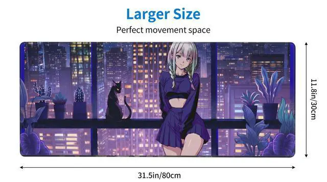 Alt view image 3 of 7 - Large Anime Gaming Mouse Pad with Stitched Edges, Anime Desk Mat, Extended Keyboard Pad, Non-Slip Rubber Base Desk Pad for Keyboard and Mouse, 31.5X11.8 inch, Cute Cat, Kawaii Purple, Night City