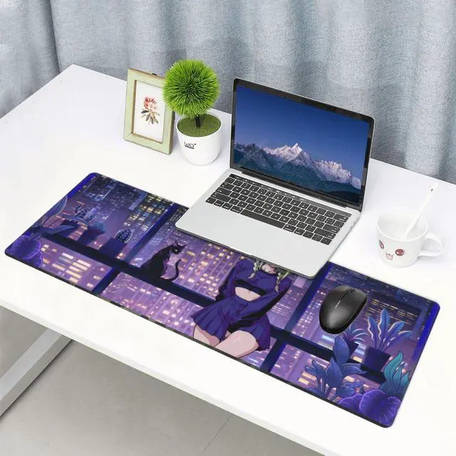 Alt view image 5 of 7 - Large Anime Gaming Mouse Pad with Stitched Edges, Anime Desk Mat, Extended Keyboard Pad, Non-Slip Rubber Base Desk Pad for Keyboard and Mouse, 31.5X11.8 inch, Cute Cat, Kawaii Purple, Night City