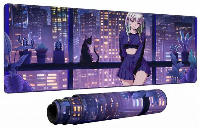 Main image of Large Anime Gaming Mouse Pad with Stitched Edges, Anime Desk Mat, Extended Keyboard Pad, Non-Slip Rubber Base Desk Pad for Keyboard and Mouse, 31.5X11.8 inch, Cute Cat, Kawaii Purple, Night City