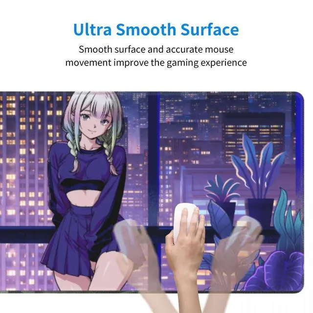 Alt view image 6 of 7 - Large Anime Gaming Mouse Pad with Stitched Edges, Anime Desk Mat, Extended Keyboard Pad, Non-Slip Rubber Base Desk Pad for Keyboard and Mouse, 31.5X11.8 inch, Cute Cat, Kawaii Purple, Night City